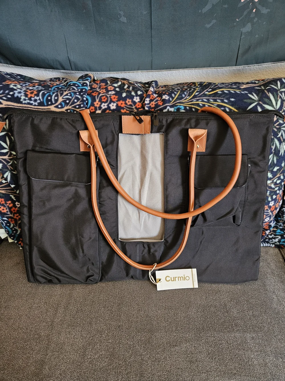 Black Laptop Tote Bag with Brown Handles